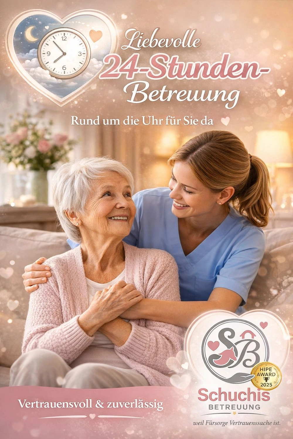 Älterer älterer Demenzpatient (alternder alter Erwachsener) im Pflege- und Hospizheim hält die Hand eines geriatrischen Arztes und genießt eine glückliche medizinische Versorgung durch einen Krankenhauspfleger